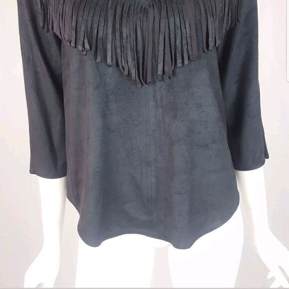 NWT Express Women Sz Small Black Faux Suede Fringe 3/4 Sleeve Top Boho Festival - Picture 3 of 5